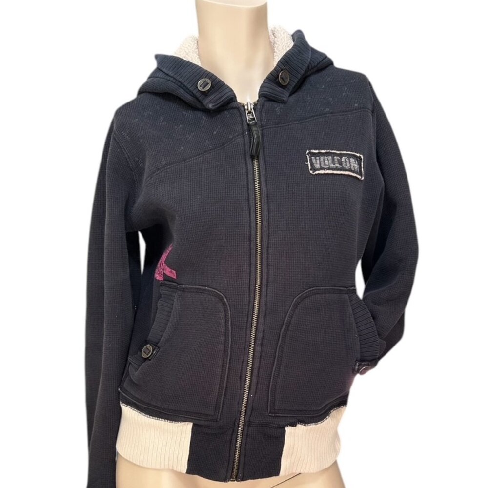 Y2K Volcom Zip Up Hoodie Sherpa Size L Blue Thrashed